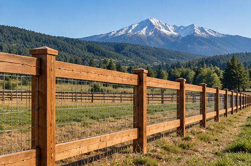 Timber rail and wire ranch fence with Mount Shasta behind