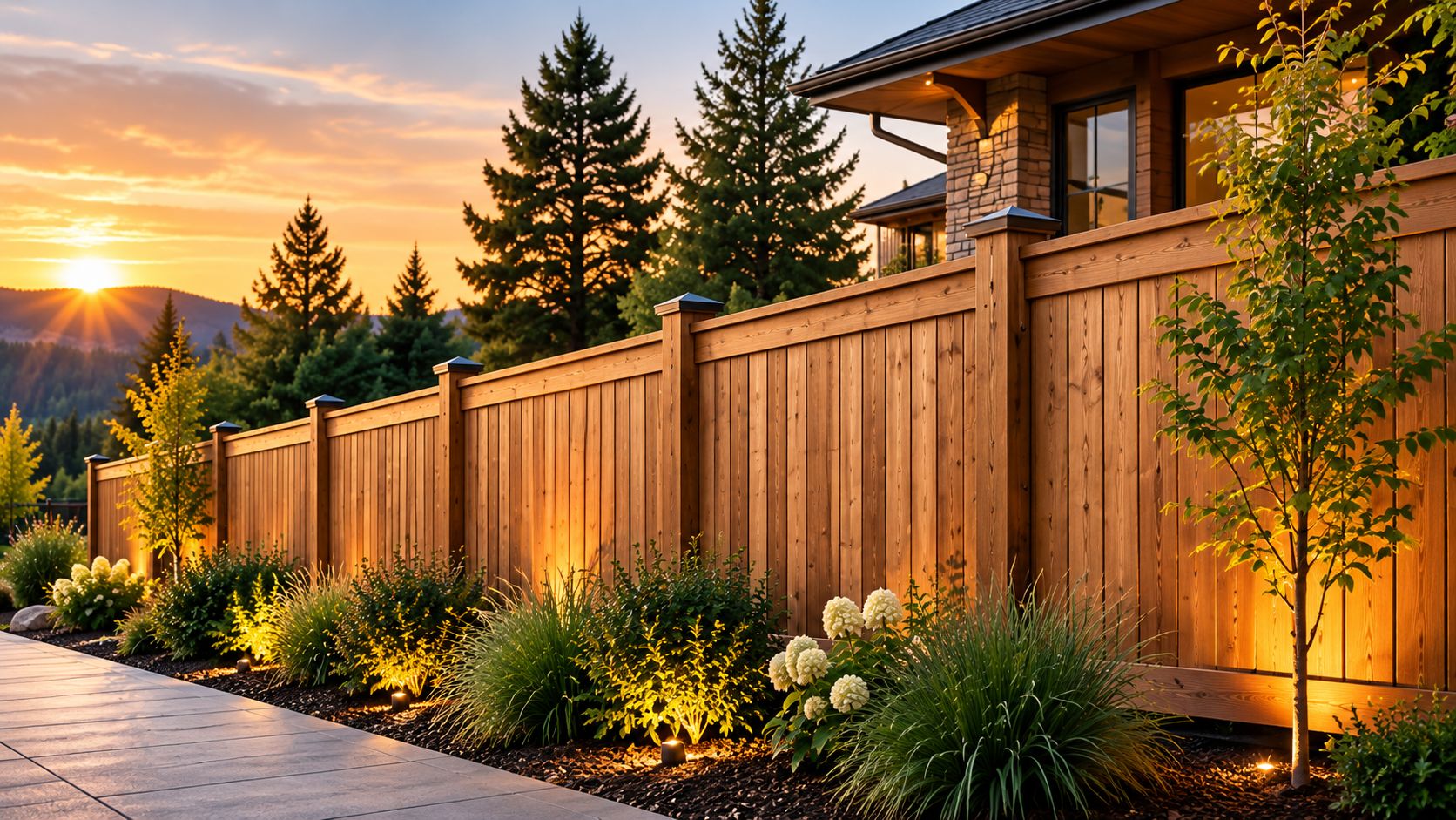 Cedar privacy fence with landscape lighting at sunset
